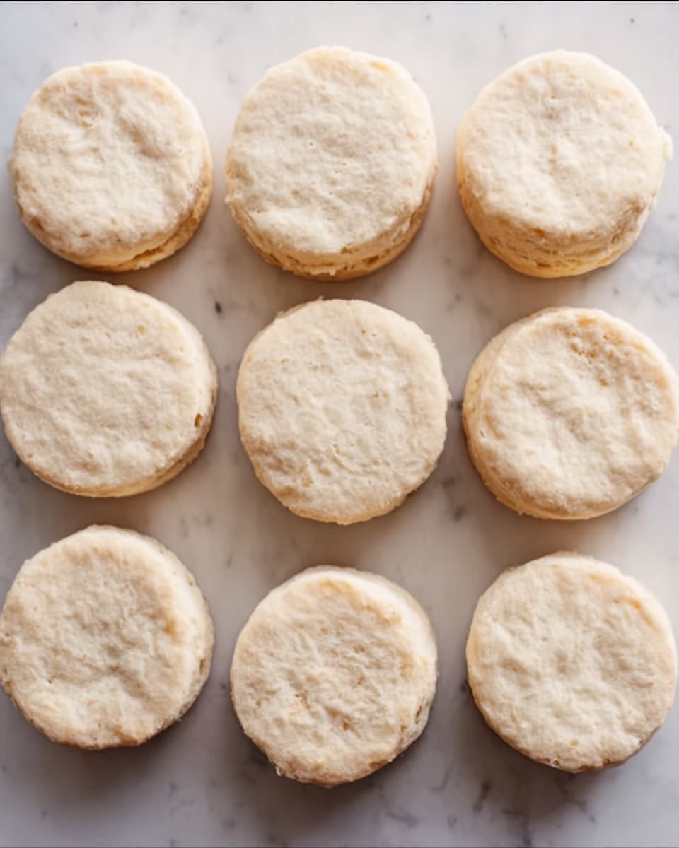 The image shows nine round, light beige biscuits arranged in three rows on a white marbled surface. Each biscuit looks soft and slightly puffy with a smooth top, showing a few tiny cracks and an uneven texture. The biscuits have a simple, plain look with small bits visible inside, and they are spaced closely but not touching. photo taken with an iphone --ar 4:5 --v 7