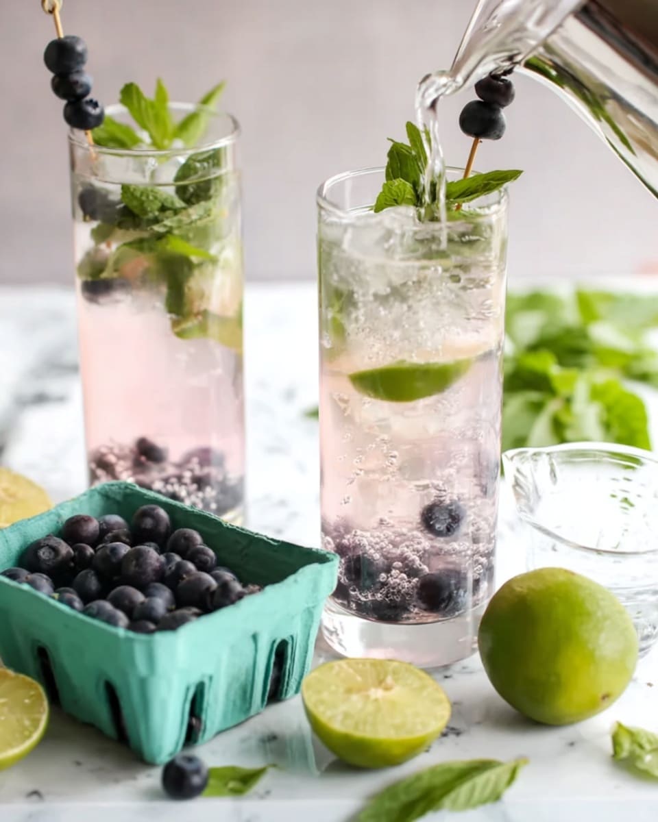 The image shows two tall clear glasses filled with a light pink drink, ice, green lime wedges, and small dark blueberries. Each glass has a sprig of fresh green mint and some blueberries on a small skewer on top. Water is being poured into the glass in the front from a silver pitcher. In front of the glasses, there is a green carton filled with fresh blueberries, a squeezed lime half, and a clear measuring cup with water. The background and surface have a white marbled texture with some green leafy mint sprigs scattered around. photo taken with an iphone --ar 4:5 --v 7