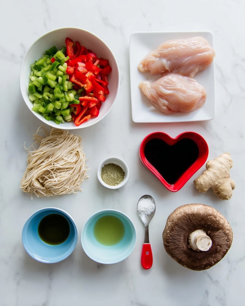 The image shows several cooking ingredients arranged neatly on a white marbled surface. On the left, a white bowl holds chopped green bell peppers and red bell peppers, with the red pieces at the bottom and green on top. Next to it, a white bowl contains two raw, light pink pieces of chicken placed side by side. To the right, there is a small red heart-shaped cup filled with a dark red sauce, and above it, pale uncooked rice noodles. Below these, there are four small blue bowls holding different liquids and powders: a light green liquid, a dark brown sauce, a light greenish liquid, and a small amount of white powder on a metal spoon with a red handle. Near the spoon, there is a small piece of fresh ginger, and on the far right, a large brown mushroom with dark gills is placed on the surface. All items are spaced out evenly, creating a clean, organized look. Photo taken with an iphone --ar 4:5 --v 7
