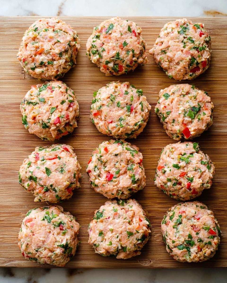 Fifteen round salmon patties are arranged in three rows on a wooden board. Each patty has a rough texture with a mix of light pink salmon pieces, bits of green herbs, and small red pepper pieces scattered throughout. The patties have uneven edges and look fresh and moist. The wooden board has a natural brown color with visible grain lines, and the background is a white marbled texture. photo taken with an iphone --ar 4:5 --v 7