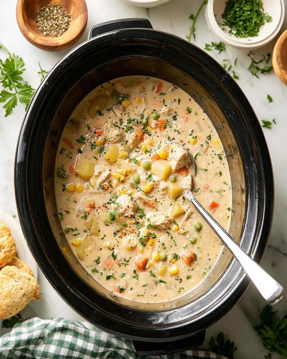A black slow cooker filled with creamy soup, showing multiple layers inside: a thick beige liquid base with small yellow potato cubes, orange carrot pieces, green peas, corn kernels, and chunks of white chicken. The soup is sprinkled with small green parsley bits and black pepper. A silver ladle rests in the soup, angled from the top right. Around the slow cooker on a white marbled surface are scattered fresh parsley leaves and wooden and white bowls filled with chopped herbs and ground pepper. Part of a biscuit stack and a green and white checked cloth are seen at the bottom edge. photo taken with an iphone --ar 4:5 --v 7