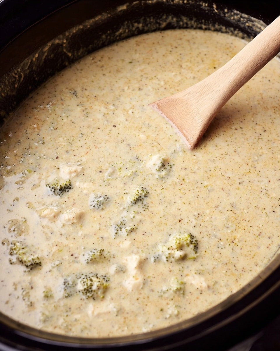 A close-up of a thick creamy soup with small green broccoli pieces and white chunks spread evenly throughout. The soup has a light beige color with specks of herbs and spices visible. It fills a large dark crockpot, with a light wooden spoon resting on the side, partially dipped into the soup. The edges of the crockpot show a thin layer where the soup has shaken gently, and the texture looks smooth but with noticeable chunky bits. The background is a white marbled texture photo taken with an iphone --ar 4:5 --v 7