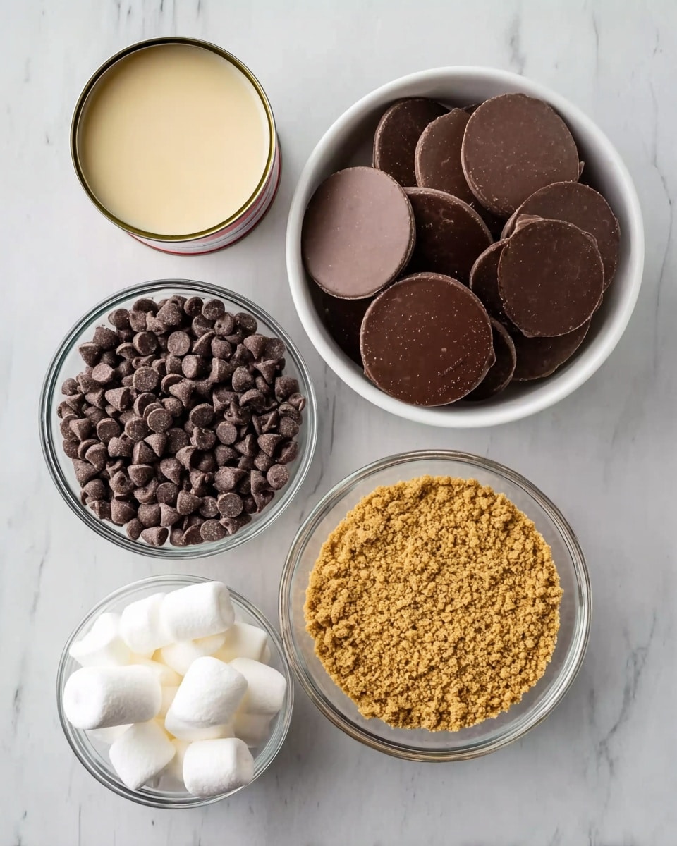 The image shows five containers on a white marbled surface containing baking ingredients. At the top right is a white bowl filled with large, flat chocolate discs that are dark brown and smooth. To the left of it is an open can filled with thick, light beige sweetened condensed milk. Below the chocolate discs is a clear glass bowl filled with dark brown small chocolate chips with a shiny texture. At the bottom left, there is a small glass bowl containing big white marshmallows with a soft, fluffy look. Finally, at the bottom right, a small glass bowl holds golden brown crushed graham crackers with a grainy texture. Photo taken with an iphone --ar 4:5 --v 7