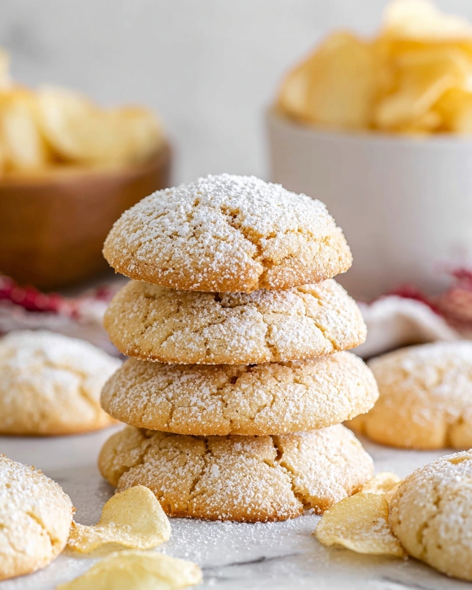 A stack of four round, golden brown cookies dusted with white powdered sugar sits center frame on a white marbled surface. The cookies have a slightly rough texture with small cracks on top and soft edges. Around the stack, more cookies and a few pale golden potato chips spread loosely across the surface. In the blurred background, a white bowl filled with potato chips is visible, along with part of a wooden bowl, creating a cozy and inviting scene. Photo taken with an iphone --ar 4:5 --v 7