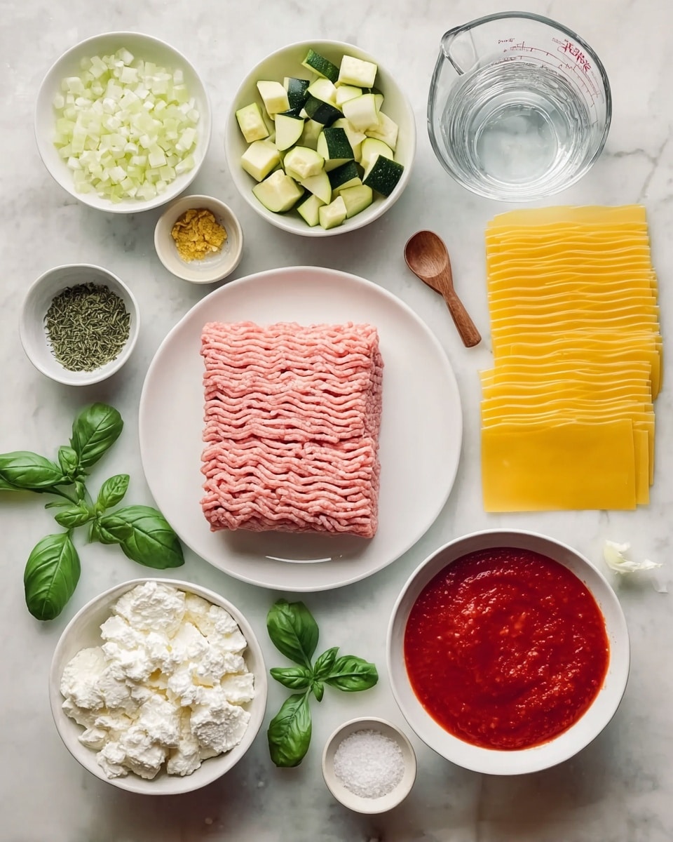 This image shows all the ingredients for making lasagna arranged on a white marbled surface. In the center, there is a white plate holding a block of pink ground meat with ridges in it. To the bottom right are several sheets of yellow lasagna pasta lined up vertically. At the bottom left is a white bowl with white cottage cheese, next to a white bowl filled with thick red tomato sauce with a smooth texture. Above that is a clear glass measuring cup filled with water. Above the meat plate, there is a white bowl with green and white chopped zucchini pieces, next to a white bowl holding chopped white onion. Above those are three small white bowls containing green dried herbs with a small wooden spoon, finely grated yellow cheese, and white salt, respectively. Scattered around are fresh green basil leaves. The whole setup is clean and bright, with colors contrasting well against the white marbled background. Photo taken with an iphone --ar 4:5 --v 7