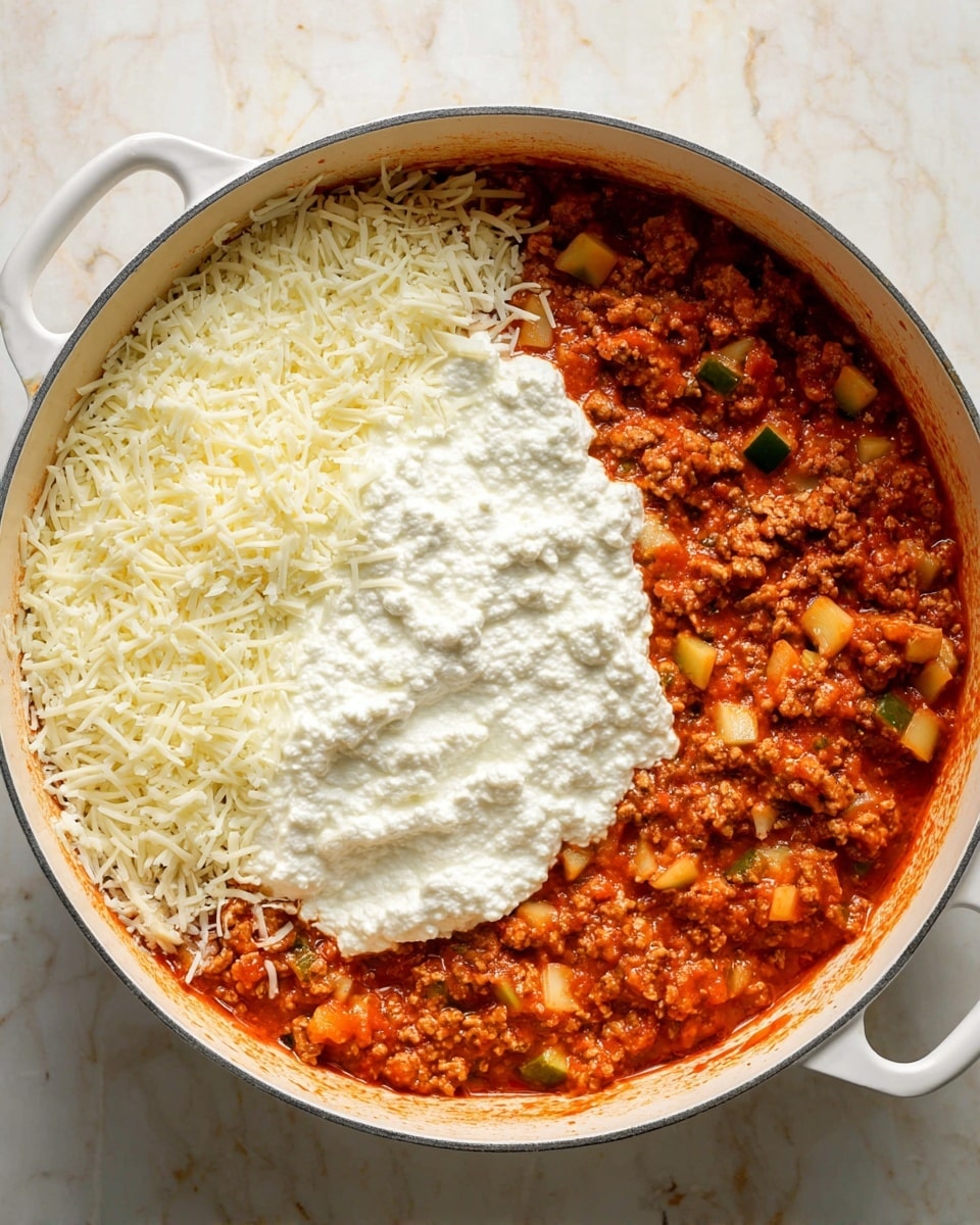 A large white pot filled with layers of a chunky red tomato sauce mixed with ground meat and small green and yellow vegetable pieces covers the bottom and sides. On top of half of the sauce, there is a thick layer of creamy white ricotta cheese with a slightly bumpy texture, while the other half is sprinkled with shredded white mozzarella cheese. The scene is set on a white marbled surface, showing the rich, hearty mix inside the pot. Photo taken with an iphone --ar 4:5 --v 7