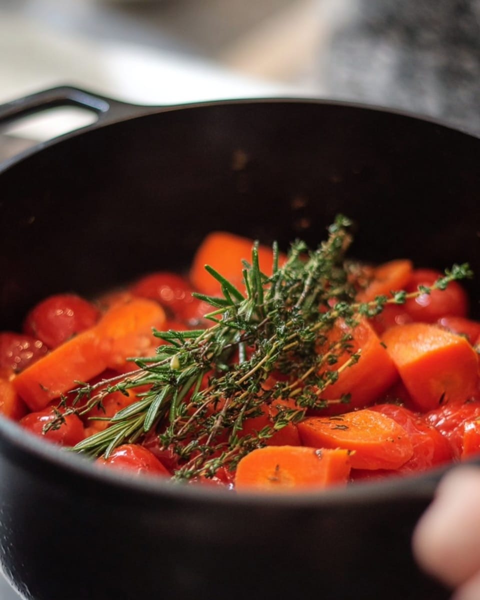 A close-up view of a black pot filled with chunky pieces of bright orange carrots and red tomatoes, with fresh green sprigs of rosemary and thyme resting on top in the center, creating a contrast of colors. The background features a soft focus with a woman's hand slightly blurred in the foreground holding the pot. The setting is on a white marbled surface. photo taken with an iphone --ar 4:5 --v 7