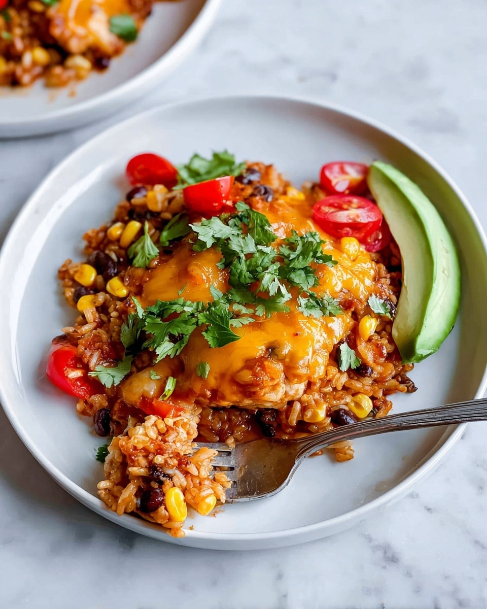 A white plate shows a dish with three main layers: the bottom is a mixture of cooked rice, black beans, yellow corn, and chunks of cooked onion, all in a reddish sauce; the middle layer is pieces of cooked meat covered with melted orange-yellow cheese; the top layer has fresh green cilantro sprinkled over the cheese and some halved red cherry tomatoes scattered throughout. There is a fork resting on the bottom left side of the plate with a small rice and bean bite on it. On the right side of the plate, a slice of green avocado is partially visible. The plate is placed on a white marbled surface. Photo taken with an iphone --ar 4:5 --v 7
