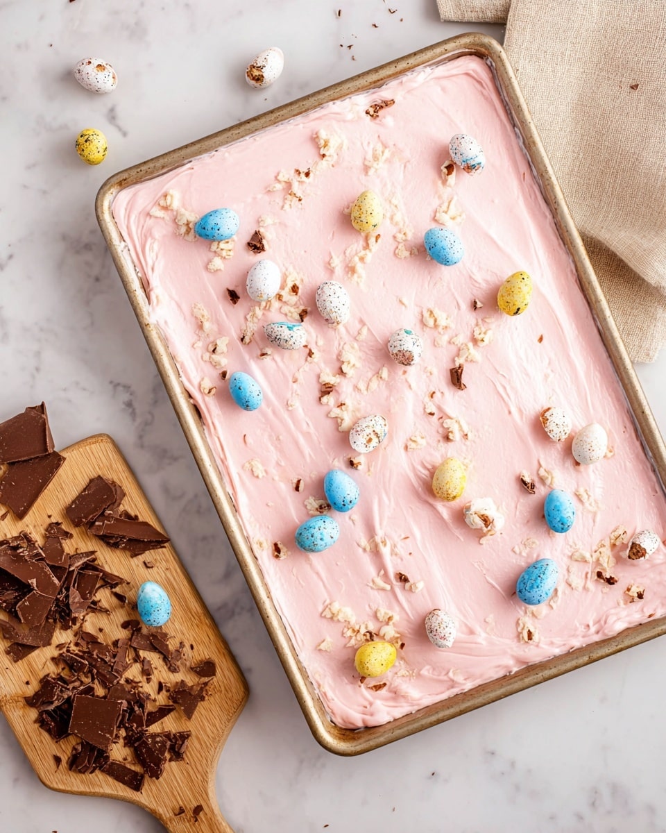 The image shows a rectangular baking tray filled with a smooth, light pink frosting spread evenly on the top layer. Scattered over the frosting are broken small chocolate eggs with colorful blue, white, and yellow shells revealing the chocolate inside. To the side, on a wooden board, there are more broken chocolate egg pieces and crumbs scattered around. The background is a white marbled surface with a beige cloth partially visible in the top right corner. Photo taken with an iphone --ar 4:5 --v 7