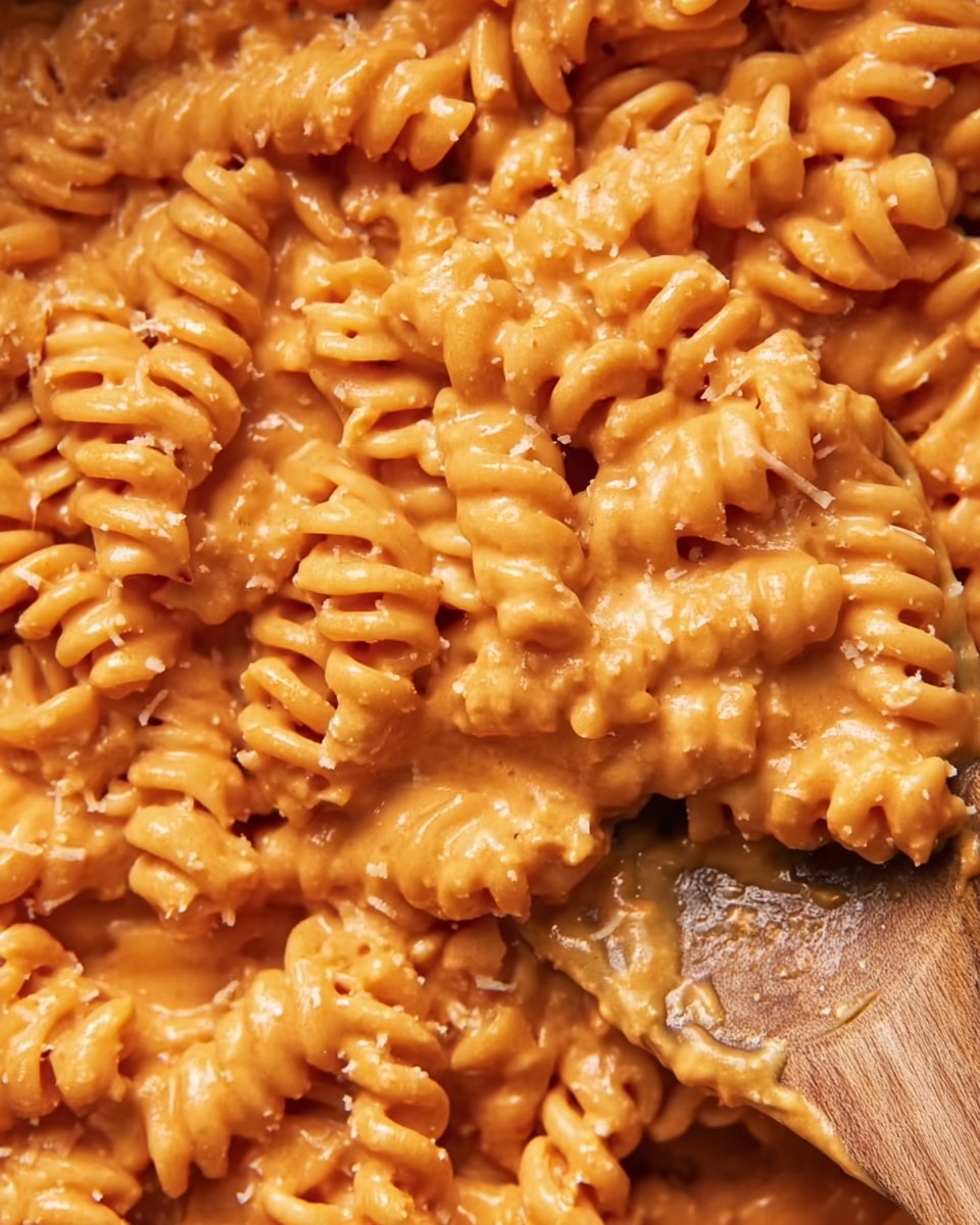 The image shows a close-up of tightly packed rotini pasta covered in a thick, smooth orange sauce with a creamy texture and small specks of what looks like grated cheese sprinkled on top. The pasta is coated evenly, creating a slightly glossy finish. A wooden spoon with a warm brown tone is partially visible on the right side, nestled into the pasta, lifting some of it slightly. The background is a white marbled texture, blending softly with the pasta scene. photo taken with an iphone --ar 4:5 --v 7