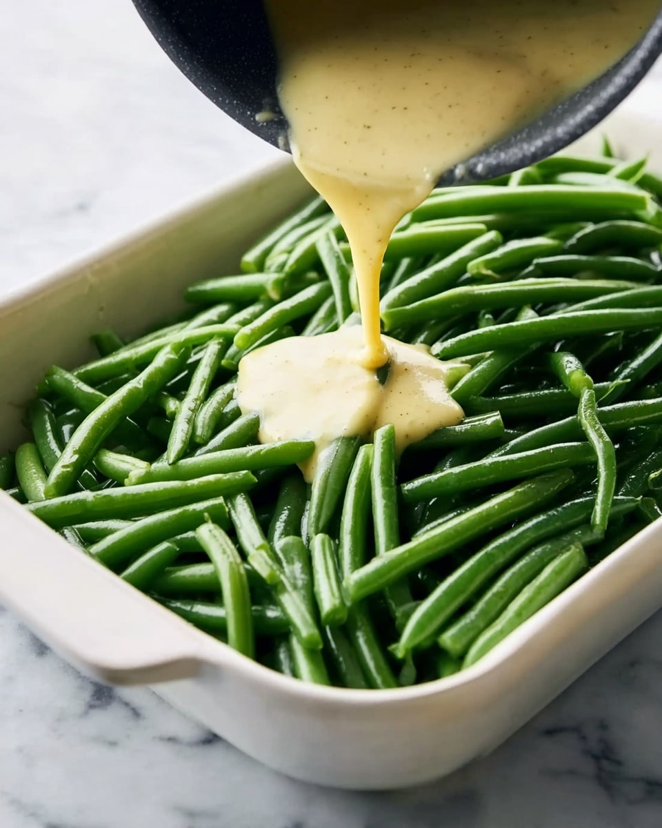 A white baking dish filled with bright green, fresh green beans spread evenly in one layer. A smooth, light yellow sauce is being poured over the green beans from a black pot, creating a small mound of sauce right in the center. The green beans are shiny and firm, and the sauce looks creamy and thick as it flows. The background is a white marbled surface. photo taken with an iphone --ar 4:5 --v 7