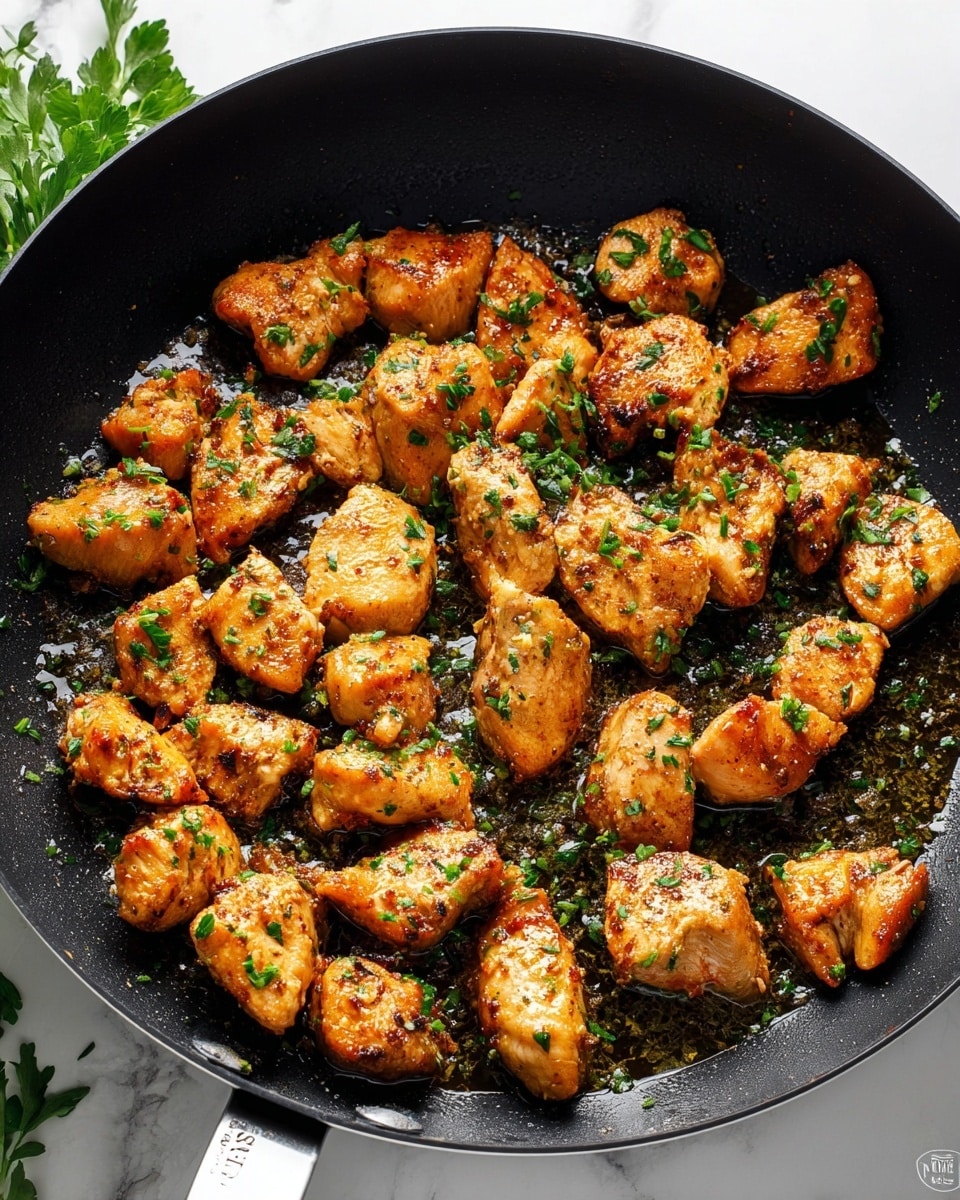 Pieces of cooked chicken with a golden-brown color are placed inside a round black pan. The chicken pieces are scattered evenly, showing a slightly crispy texture on the outside. Small bits of chopped green herbs are sprinkled over the chicken, adding a fresh touch of green across the warm colors. The pan has a little bit of oil that shines under the light, making the chicken look juicy. The pan is set on a white marbled surface with some green leaves visible near the edge. photo taken with an iphone --ar 4:5 --v 7