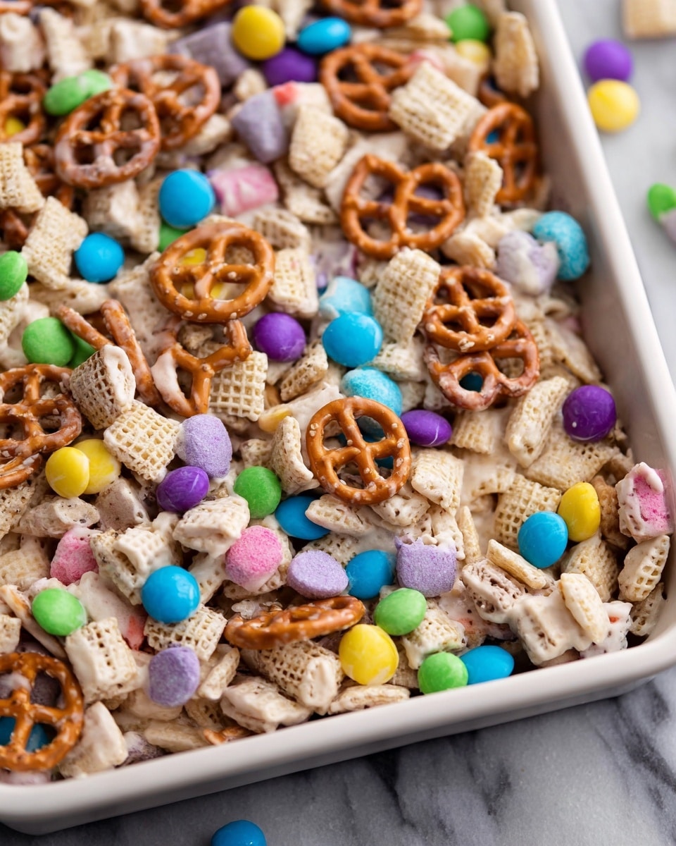 A close-up view of a white rectangular tray filled with a mixed snack made of small pretzels, light beige cereal pieces coated in a creamy white layer, and colorful candy-coated chocolates scattered evenly throughout. The cereal pieces have different shapes including squares and loops, all covered in a smooth, light cream color. The pretzels are brown with a glossy finish, slightly covered in the white coating, adding a rougher texture. The candy pieces come in bright pastel colors—blue, purple, green, yellow, and pink—creating spots of vibrant color across the snack mix. The tray sits on a white marbled background, and there is no additional decoration visible around it. photo taken with an iphone --ar 4:5 --v 7