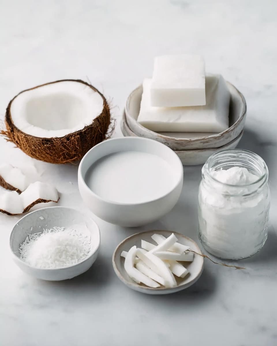 The image shows seven white containers and pieces of coconut on a white marbled surface. Starting from the left, there is a half coconut with a rough brown shell and white inside, next to it is a white bowl filled with smooth white coconut milk. Above the half coconut are three thick white coconut slices with brown skin on the edges, arranged stacked. To the right are two small white bowls, one filled with white shredded coconut and the other with white coconut sticks with brown edges. On the far right, there is a clear glass jar filled with thick white coconut cream. All items are neatly placed with clear texture and soft lighting. photo taken with an iphone --ar 4:5 --v 7
