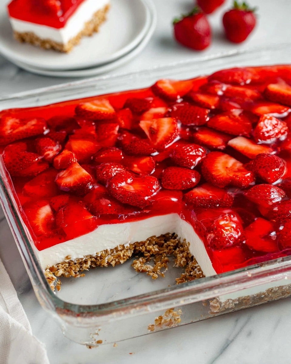 This image shows a dessert in a clear glass rectangular dish placed on a white marbled surface. The dessert has three layers: the bottom layer is a crunchy, light brown nut and oat crust, the middle layer is a thick, smooth white cream, and the top layer is a bright red gelatin filled with many sliced strawberries evenly distributed, giving a shiny and juicy look. A piece of the dessert has been removed from one corner, revealing the layers clearly. In the background, there is a small white plate with a single square slice of the dessert on it, along with a few whole strawberries scattered on the white marbled surface. Photo taken with an iphone --ar 4:5 --v 7