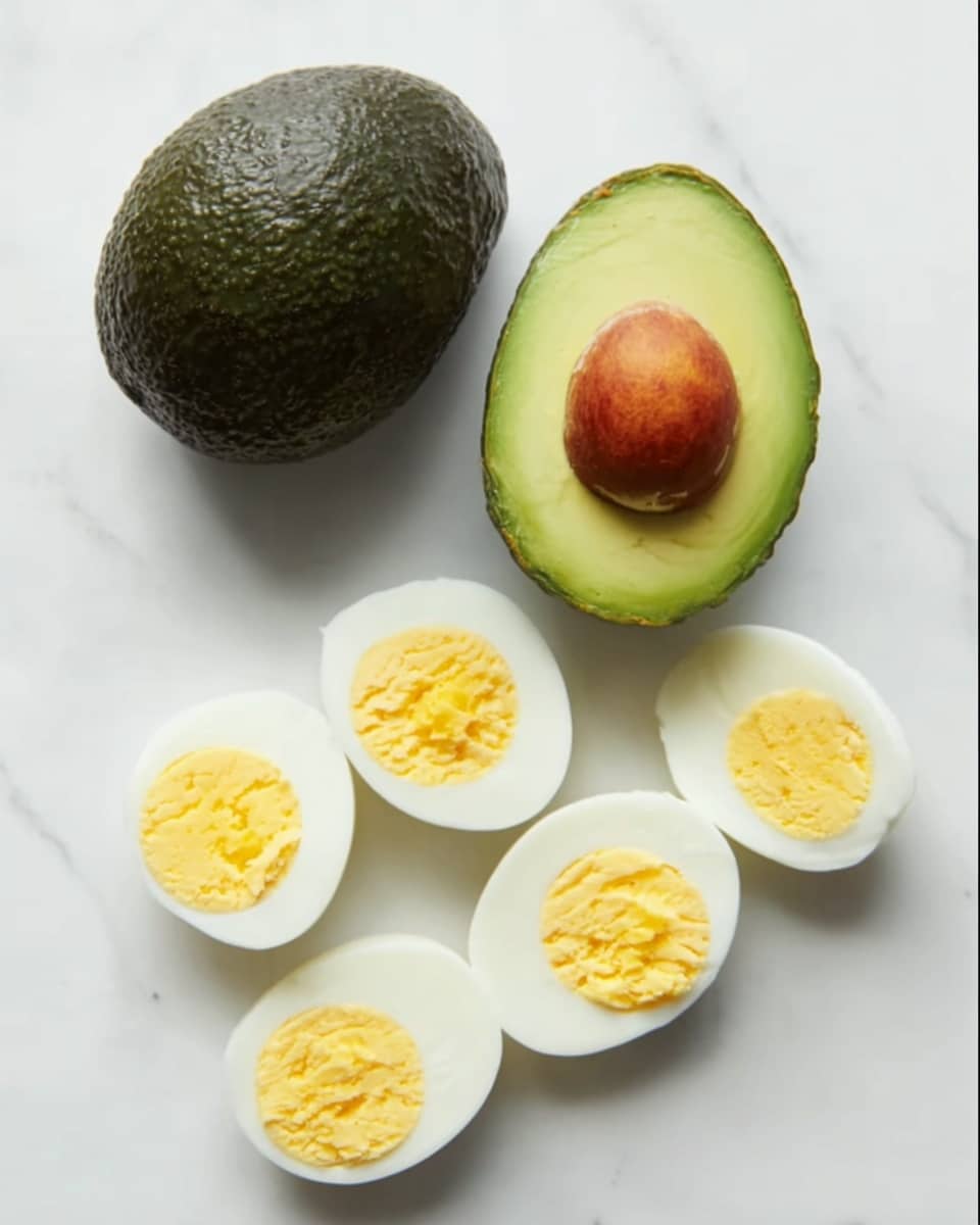 The image shows one whole dark green avocado with a bumpy texture on the left, and to its right, one half avocado with smooth light green flesh and a large brown seed in the middle. Below them are five halved boiled eggs, arranged loosely in a curved line, all facing up showing bright yellow yolks in the center surrounded by white egg whites. Everything is placed on a clean white marbled surface. photo taken with an iphone --ar 4:5 --v 7
