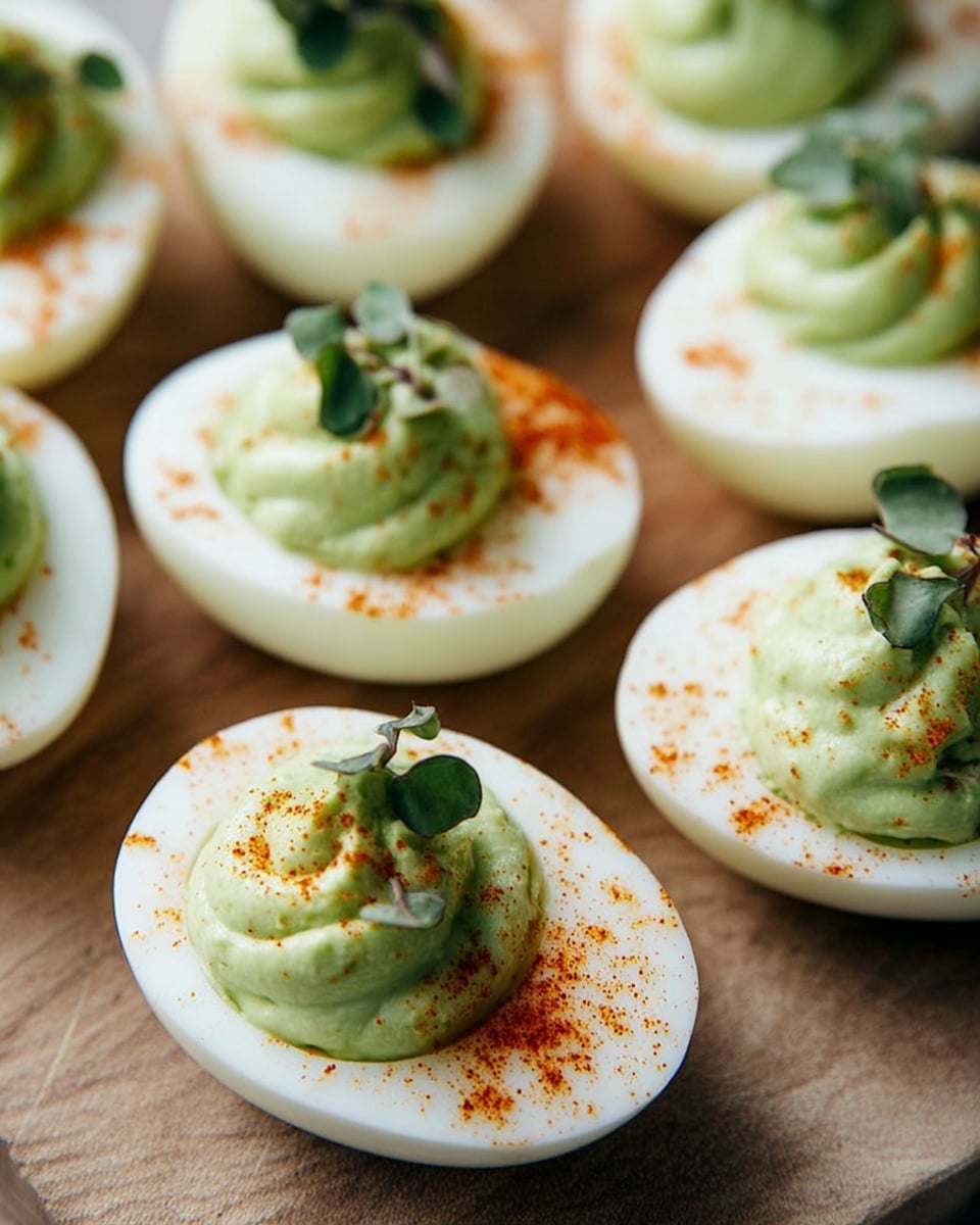 The image shows several halved boiled eggs arranged on a flat surface with a light brown wooden texture. Each egg half has a smooth, white outer layer, and is filled with a light green creamy mixture that is swirled on top. The creamy filling is topped with small green herb leaves and lightly sprinkled with a reddish-orange powder, adding contrast to the pale colors. The eggs are close together, showing their neat presentation and fresh ingredients. photo taken with an iphone --ar 4:5 --v 7