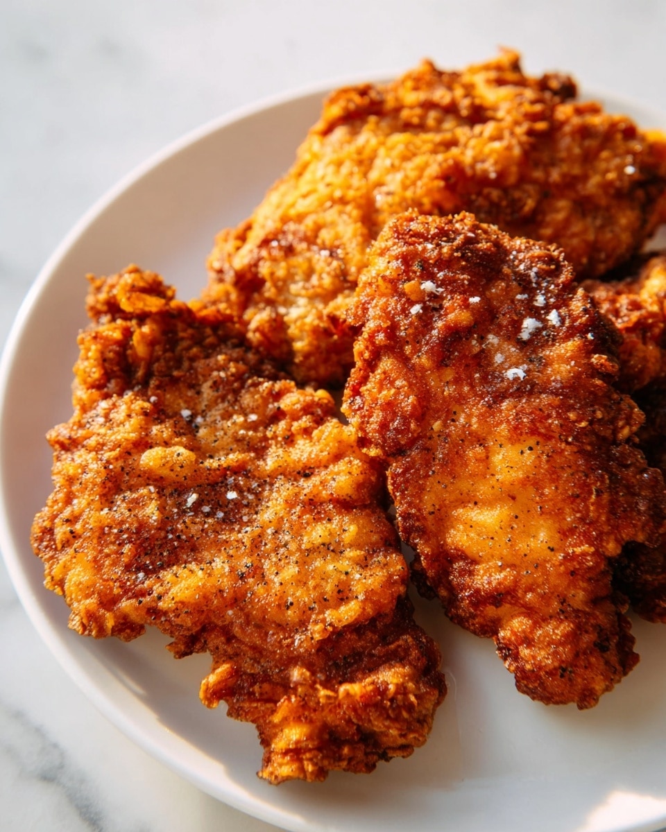 The image shows three pieces of fried food with a rough, crispy, and golden-brown outer layer. The texture is crunchy and uneven with visible seasoning like black pepper and some grains of salt on top. These pieces are arranged closely on a simple white plate, placed on a white marbled surface. The lighting highlights the crispy texture and rich color of the fried pieces, making them look hot and fresh. photo taken with an iphone --ar 4:5 --v 7