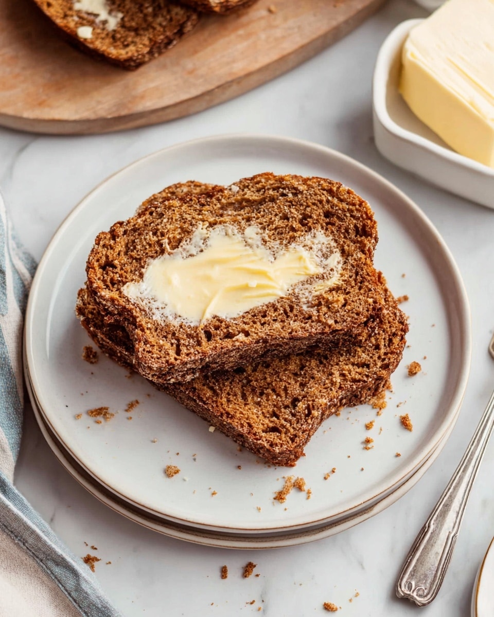 The image shows two slices of brown bread with a crumbly crust on a white plate, stacked slightly overlapping. Each slice has melted light yellow butter spread unevenly on top, with some crumbs scattered around the plate. The white marbled surface beneath holds the plate, with a small white dish to the right containing a block of butter and a silver fork resting nearby. In the background, a wooden tray and another white plate with additional slices are slightly out of focus. Photo taken with an iphone --ar 4:5 --v 7
