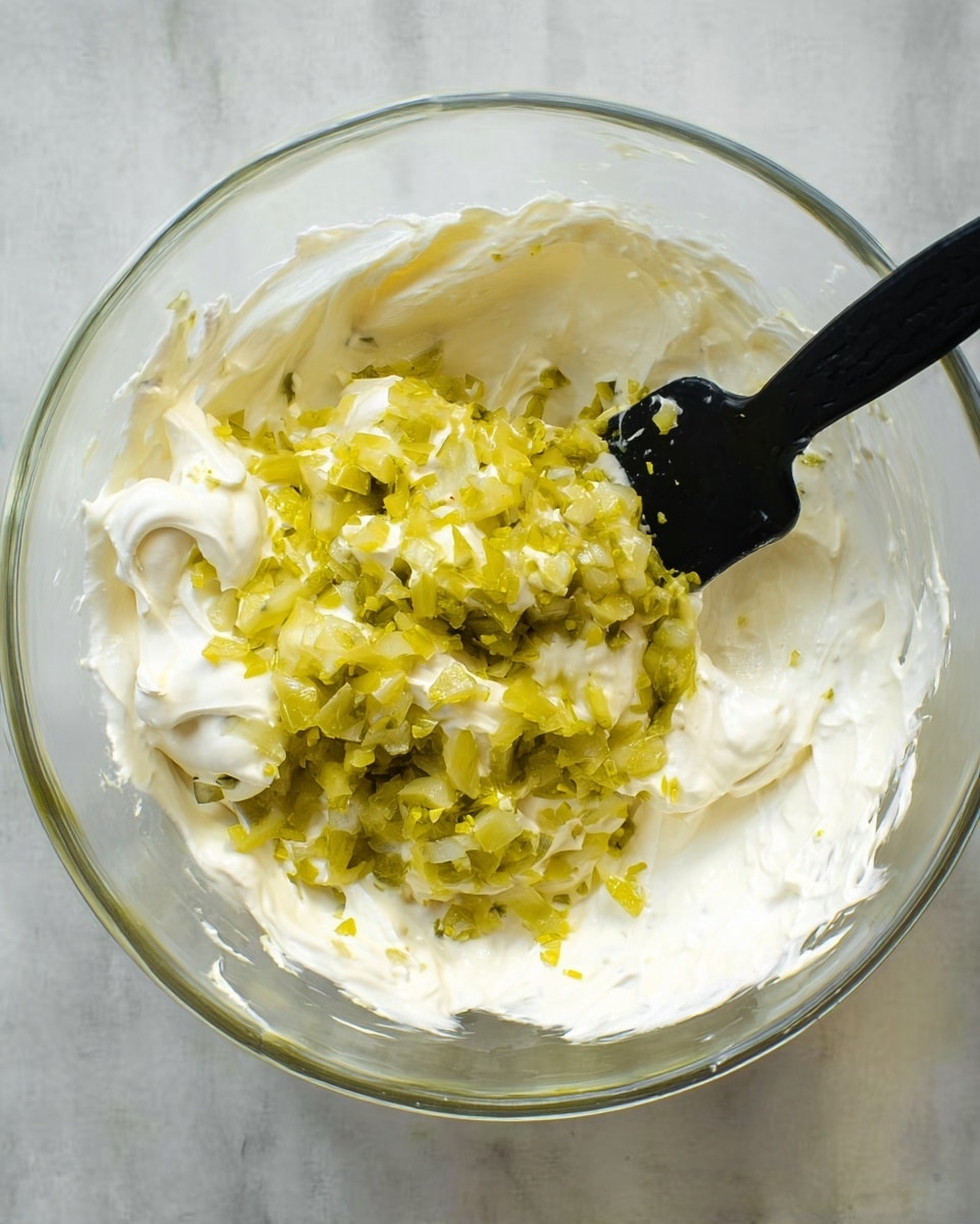 A clear glass bowl holds a thick, creamy white mixture as the base layer, which is smooth and lightly textured; on top of it, there is a chunky layer of small, bright yellow-green chopped pieces, creating a rough contrast in texture and color. A black spatula is partially inside the bowl, mixing the two layers gently. The background is a white marbled texture. photo taken with an iphone --ar 4:5 --v 7
