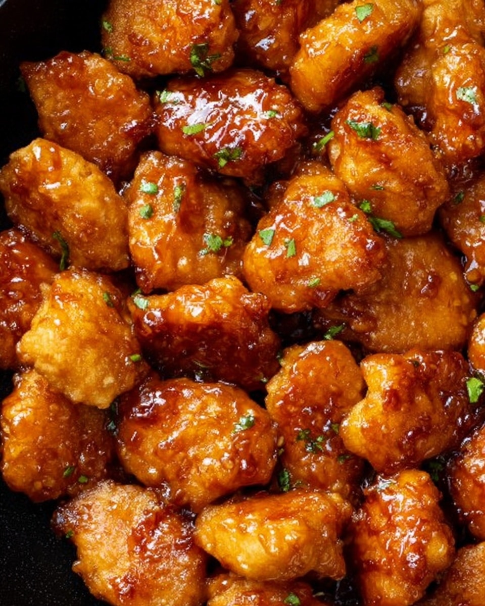 A close-up view of many small golden brown fried pieces covered in a shiny, thick orange glaze, arranged tightly together in a black pan. Tiny bits of green herbs are sprinkled lightly on top, adding a fresh touch to the warm colors of the pieces and sauce. The texture of the fried pieces is slightly crispy with smooth, glossy sauce coating each one evenly. Photo taken with an iphone --ar 4:5 --v 7