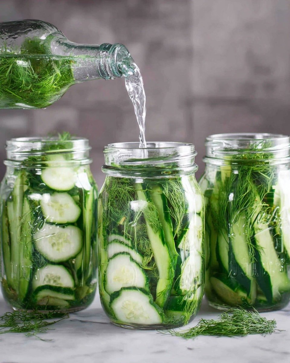 Three clear glass jars are filled with long green cucumber slices and white cucumber inner flesh, mixed with sprigs of fresh dill that add a feathery green texture. The jars are standing side by side on a white marbled surface. Water is being poured into the jar on the left, showing the liquid filling the jar and mixing with the cucumbers inside. The background is soft and slightly blurred, focusing on the fresh vegetables and the glass jars. Photo taken with an iphone --ar 4:5 --v 7
