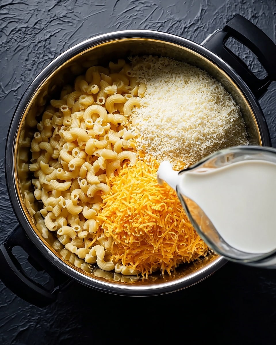 A top view of a metal pot filled with cooked elbow macaroni, divided into three sections: one with light yellow cooked noodles, one with a layer of shredded orange cheddar cheese on top right, and another with finely grated white cheese on the left. A clear glass jug is pouring white milk into the pot on the lower right side. The pot is placed on a dark surface with a textured look, replaced by a white marbled texture. photo taken with an iphone --ar 4:5 --v 7