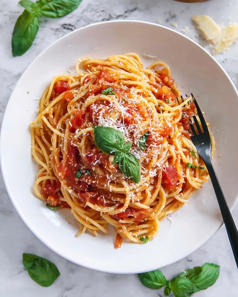 A white shallow bowl holds a neat pile of spaghetti noodles coated in bright red tomato sauce with visible chunks of tomato. The top of the spaghetti is sprinkled with finely grated light yellow cheese, and three fresh green basil leaves sit in the center as a garnish. A black fork rests on the right side of the bowl, partly on the noodles. The bowl is placed on a white marbled surface with a small white bowl of grated cheese and a block of hard cheese in the background, along with some fresh basil leaves. Photo taken with an iphone --ar 4:5 --v 7