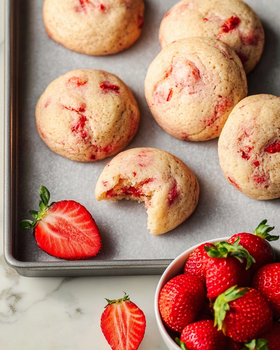 The image shows seven soft, round cookies with a light beige color and red strawberry pieces mixed inside. One cookie near the center has a bite taken out of it, showing a soft texture. The cookies are placed on a gray baking tray with a white marbled surface underneath. A whole strawberry and a half strawberry are placed on the tray near the cookies. On the lower right side, there is a white bowl filled with bright red, fresh strawberries with green tops. The colors are warm and natural with a clean and simple look. Photo taken with an iphone --ar 4:5 --v 7