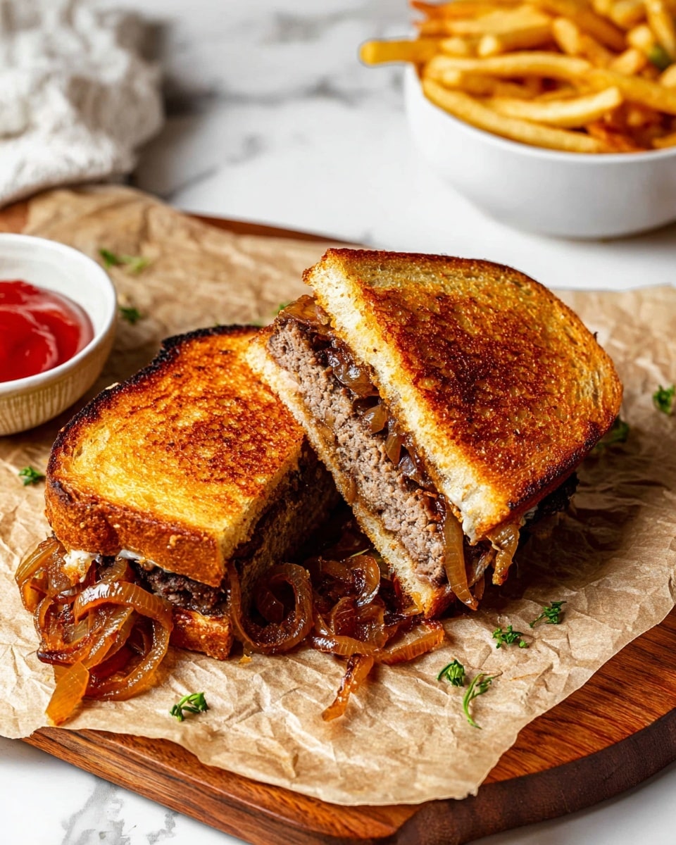 The image shows a grilled sandwich cut in half, placed on crinkled brown paper on a wooden board. The sandwich has two toasted golden-brown slices of bread with a crispy texture. Inside, there is a thick, cooked ground meat patty layer with a grayish-brown color, topped with caramelized onions that are shiny and dark orange-brown. Some onions spill out onto the paper. In the background, there is a white bowl filled with golden, crispy fries and a small white dish of red ketchup on a white marbled surface with a white cloth nearby. photo taken with an iphone --ar 4:5 --v 7