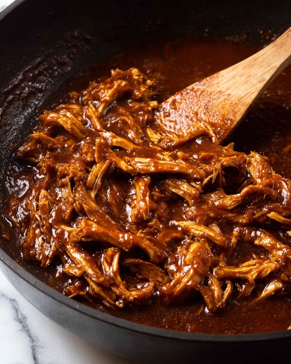 The image shows a close-up of shredded meat in a dark pan, covered in a thick reddish-brown sauce. The meat strands are long and unevenly shaped, soaking in the rich sauce that glistens under the light. A wooden spatula is partially visible stirring the meat, showing its smooth light brown texture contrasting with the dark pan and glossy sauce. The background features a white marbled texture. photo taken with an iphone --ar 4:5 --v 7