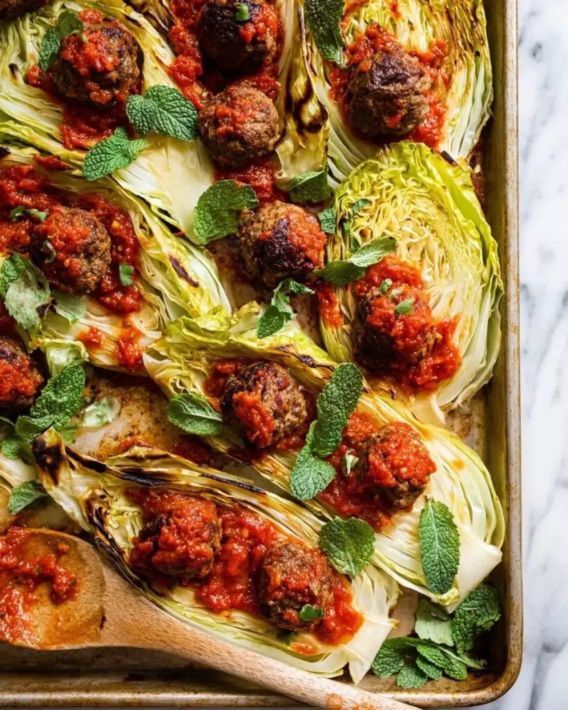 Sheet Pan Harissa Meatballs and Cabbage Recipe