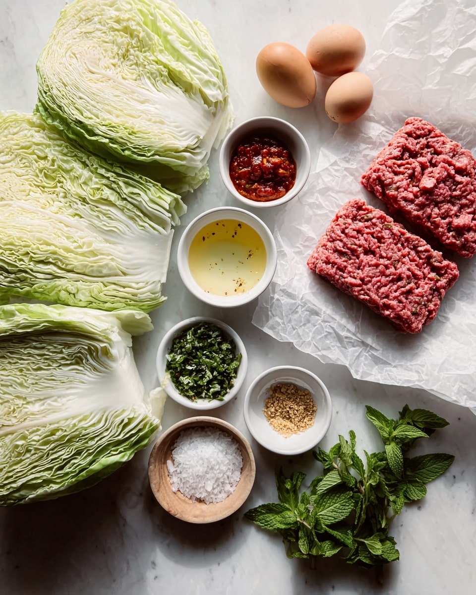 The image shows a white marbled surface with fresh ingredients neatly arranged. On the left are six large, pale green cabbage wedges with visible layers and texture. Next to the cabbage, two rectangular blocks of red raw ground meat sit on white parchment paper with a slightly crinkled texture. Near the meat, two whole brown eggs are placed on the surface. Several small white bowls hold various ingredients: one with bright red chunky sauce, another with light golden breadcrumbs, one with green chopped herbs, and another with a pale yellow liquid, possibly juice. A small wooden bowl contains finely minced garlic, and another white bowl holds a mix of ground spices and salt. Fresh green mint leaves are loosely placed on the lower right side. The lighting is bright and natural, showing fine details and shadows, photo taken with an iphone --ar 4:5 --v 7