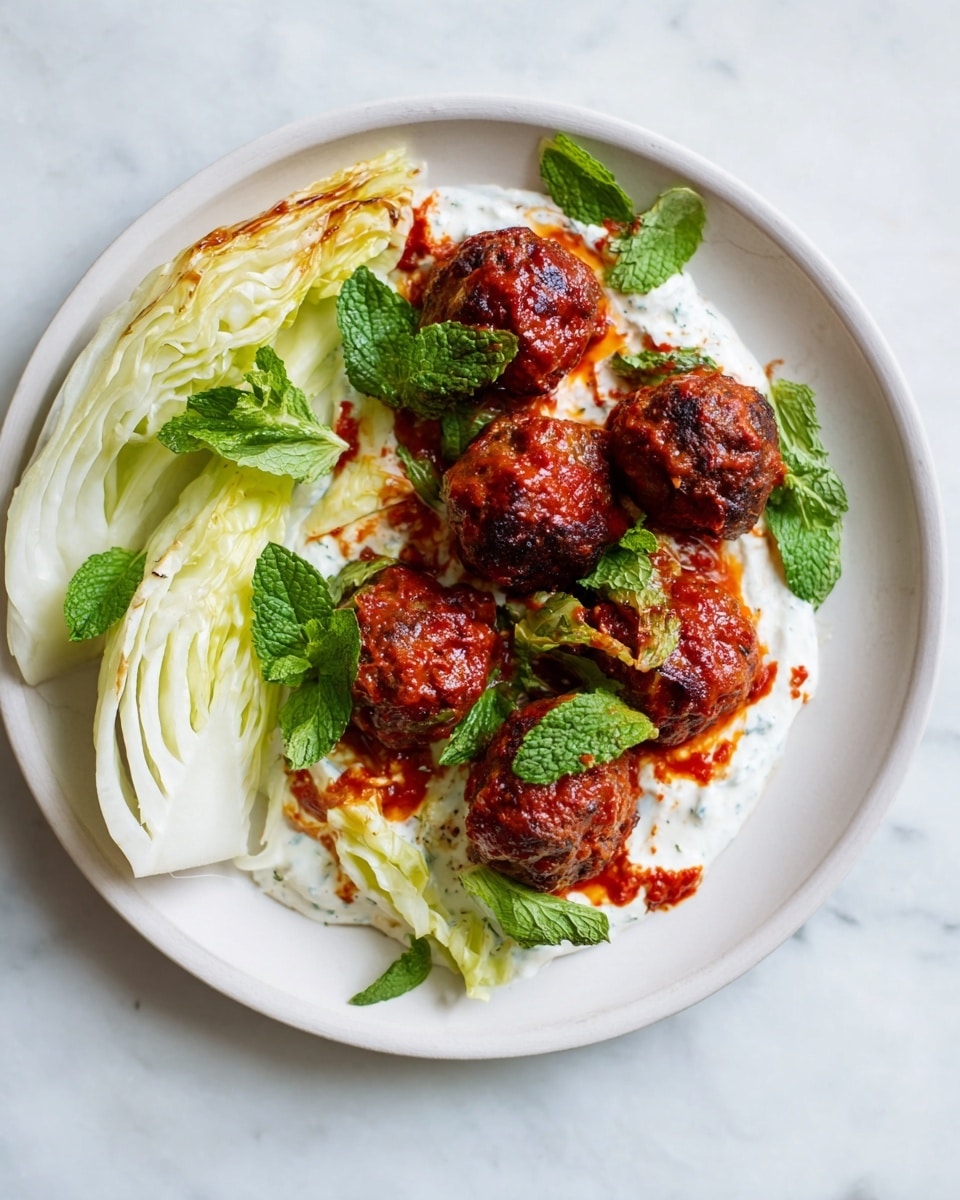 A white plate sits on a white marbled surface, holding six meatballs covered in red sauce, arranged in a loose cluster mostly on the left side. Under the meatballs is a layer of creamy white sauce with some red sauce on top. On the right side of the plate, there are two layered wedges of light green cabbage with some edges showing slight browning, curved around the meatballs. Fresh green mint leaves are scattered over the meatballs and sauce, adding a bright contrast. Photo taken with an iphone --ar 4:5 --v 7
