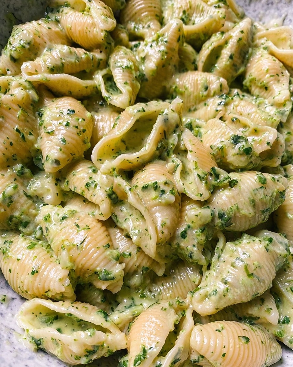 The image shows many shell-shaped pasta pieces coated evenly in a creamy sauce with green herb bits mixed throughout. Each pasta shell has a smooth, slightly shiny texture with the sauce filling some of the shells and covering their outer surfaces. The sauce appears thick and rich, clinging to the pasta and giving a speckled look from the small green herb pieces. The overall color of the dish is light cream with fresh green flecks in every piece, creating a fresh and appetizing look. The background is a white marbled texture. photo taken with an iphone --ar 4:5 --v 7