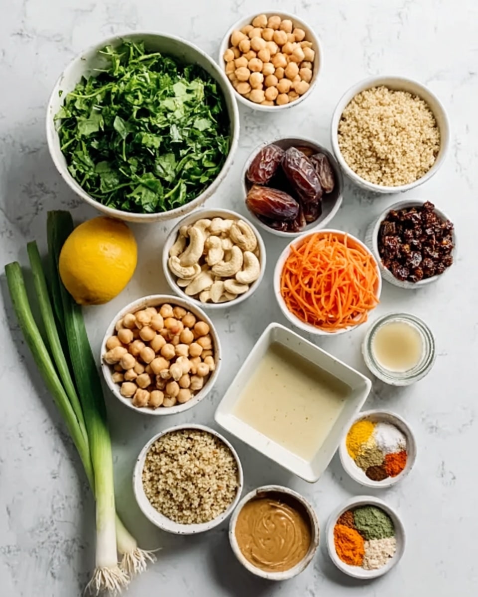 The image shows several white bowls arranged on a white marbled surface, each filled with different colorful ingredients. There is a large bowl filled with bright green chopped greens on the left side, next to small bowls containing beige chickpeas, light tan quinoa, dark brown dates, creamy white cashew nuts, and shredded orange carrots. A lemon is placed in the center with two green onions beside it. Also present are a small bowl of tan nut butter, a small bowl with a pale liquid, and a square white bowl with a mix of colorful spices, including yellow, orange, brown, and white powders. The arrangement is neat and bright, showing fresh and dry ingredients ready for cooking photo taken with an iphone --ar 4:5 --v 7