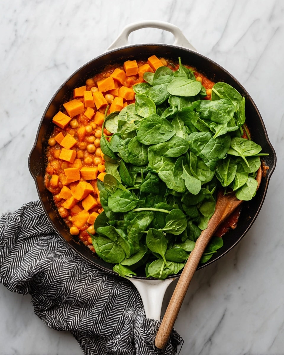 A round black skillet with a white handle sits on a white marbled surface. Inside the skillet, there are three visible layers: the bottom layer is a chunky orange sauce with light orange chickpeas evenly spread; on top of this sauce, bright orange cubed sweet potatoes are scattered mainly on the left side; the top layer is a large pile of fresh green spinach leaves covering the right side and center, with some leaves spilling slightly over the edges. A wooden spoon with a long handle rests inside the skillet, partly under the spinach. A folded gray cloth towel with a herringbone pattern lies near the bottom left of the skillet. Photo taken with an iphone --ar 4:5 --v 7
