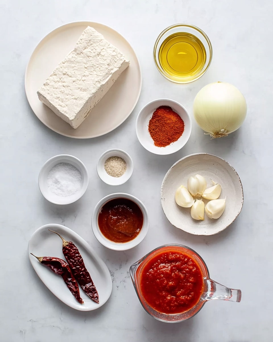 The image shows nine ingredients arranged neatly on a white marbled surface. At the top left, there is a white plate with a large rectangular block of tofu, cream in color with a slightly rough texture. To the right, there is a clear glass cup filled with light golden oil. Below the tofu, on the left, a white bowl holds a mix of red and brown ground spices. To the right of that, a whole pale yellow onion sits centered in the image. Further right, a small white bowl contains three peeled garlic cloves, creamy white and smooth. Below the spice bowl, a small white bowl has a dark reddish-brown thick sauce. To its right, another white bowl holds fine white salt. At the bottom left, a white bowl contains coarse white salt. Next to it, an oval white plate features two dark reddish dried chili peppers. At the bottom right, a clear glass measuring cup with a handle holds bright red chunky tomato sauce. Photo taken with an iphone --ar 4:5 --v 7