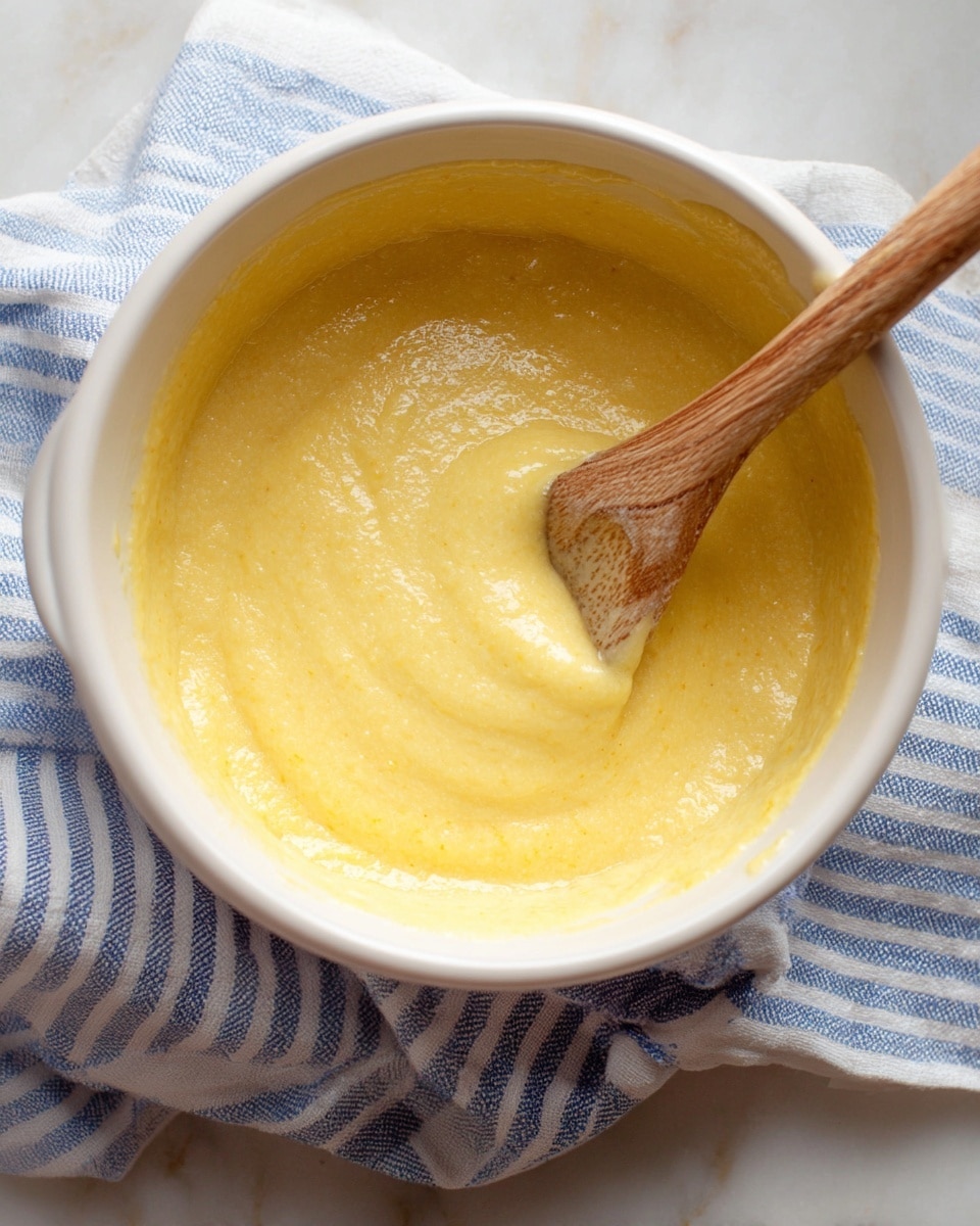 The image shows a white bowl filled with smooth, yellow batter that has a thick and creamy texture. A wooden spoon with a natural wood grain pattern is partially immersed in the batter, with some of the batter coating the spoon. The bowl sits on a white marbled surface, and a blue and white striped cloth is placed partly underneath the bowl. The lighting highlights the glossy, moist surface of the batter photo taken with an iphone --ar 4:5 --v 7