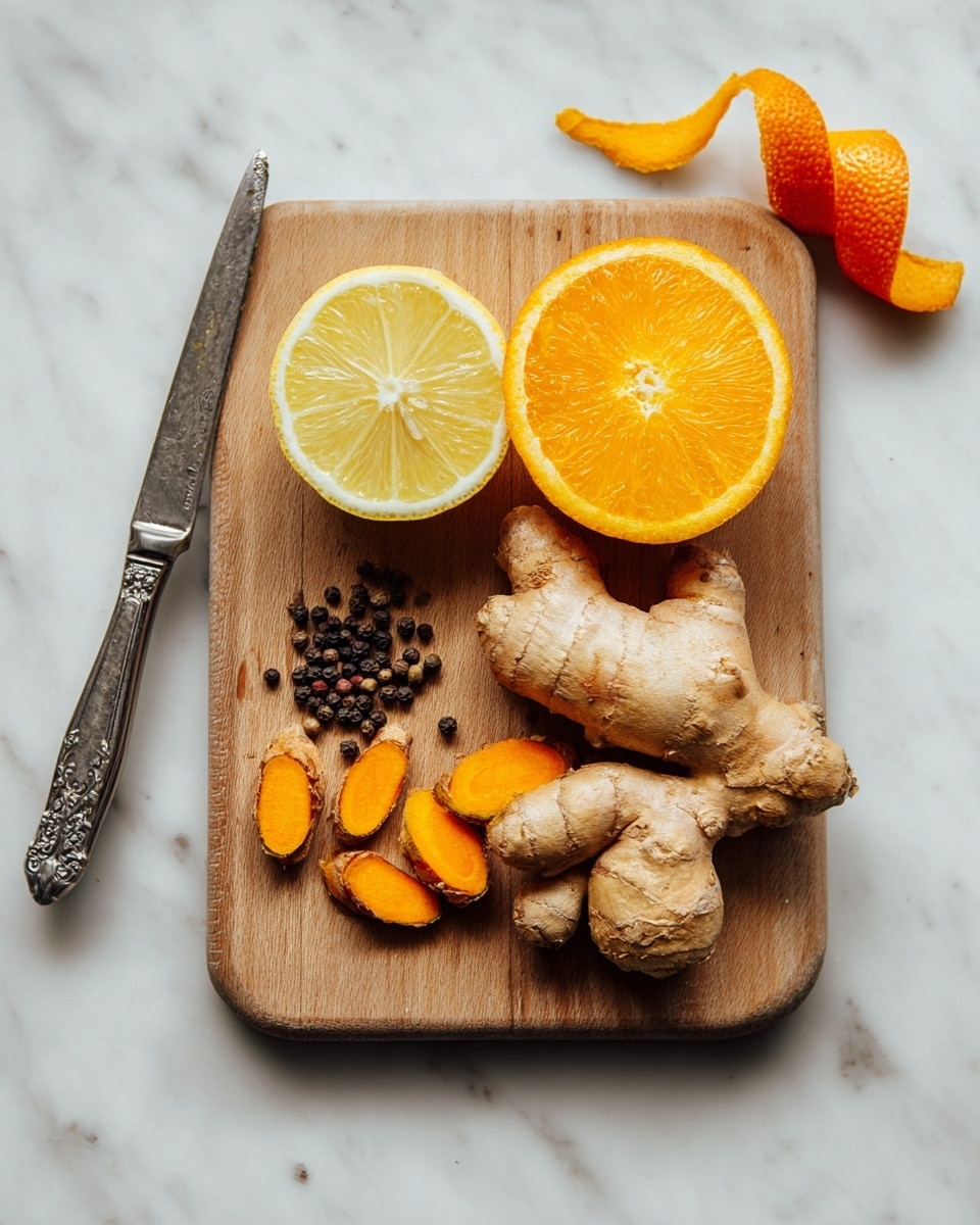 A small wooden cutting board is placed on a white marbled surface, holding several bright ingredients: a half orange with a vibrant orange peel and juicy texture on the top right, a large piece of knobby ginger root with a light brown skin and rough texture on the bottom right, two turmeric roots with a rough orange skin and one sliced showing bright orange inside on the top left, and a half lemon with a smooth yellow peel and juicy texture on the bottom left. Black peppercorns are scattered in the center of the board, and a vintage silver knife with an ornate handle lies to the left of the board. An orange peel twist with a textured surface is placed near the top right corner on the white marbled background. Photo taken with an iphone --ar 4:5 --v 7