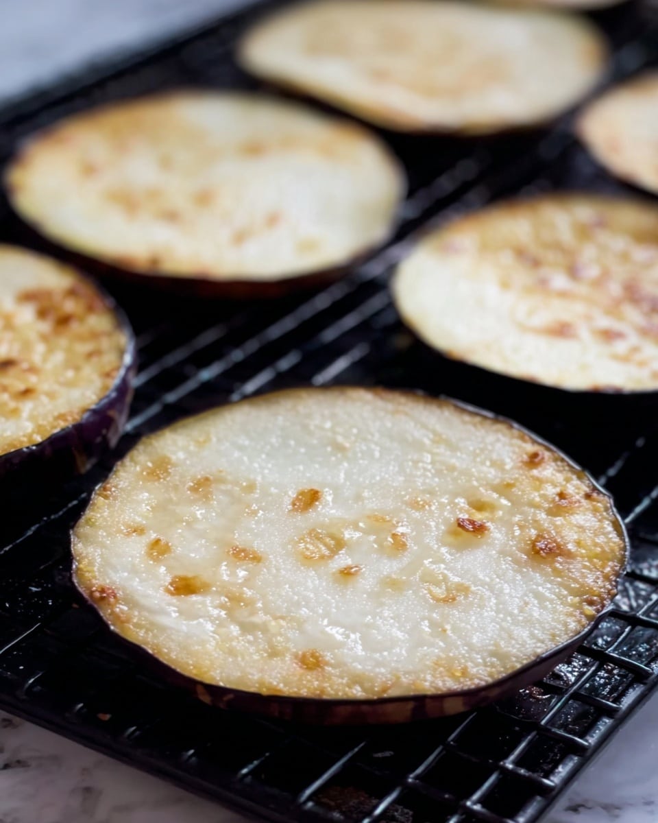 The image shows several thin slices of eggplant arranged on a black wire rack, each slice displaying a pale cream color with a slightly browned edge and light golden spots from cooking. The texture of the slices is smooth with small bubbles on the surface, indicating they are frying or drying. The eggplant slices have a dark purple skin border around the creamy center, and the black wire rack contrasts with the white marbled surface underneath. The photo focuses mainly on one slice in the foreground with other slices slightly blurred in the background, creating depth. Photo taken with an iphone --ar 4:5 --v 7
