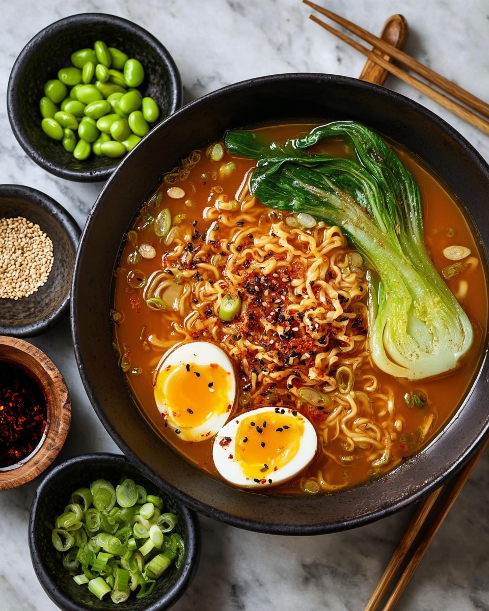 A black bowl filled with orange-brown broth and thin noodles takes the center. On the left side of the bowl, there is a half boiled egg with a bright yellow yolk topped with black and red spices. On the right, two green bok choy leaves rest partially in the broth. The noodles have some red chili sauce mixed in, and white sesame seeds are sprinkled across the surface. Surrounding the bowl on a white marbled surface are small black and wooden bowls holding green edamame beans, chopped green onions, and sauce with sesame seeds. A pair of wooden chopsticks rests diagonally near the bowl. Photo taken with an iphone --ar 4:5 --v 7