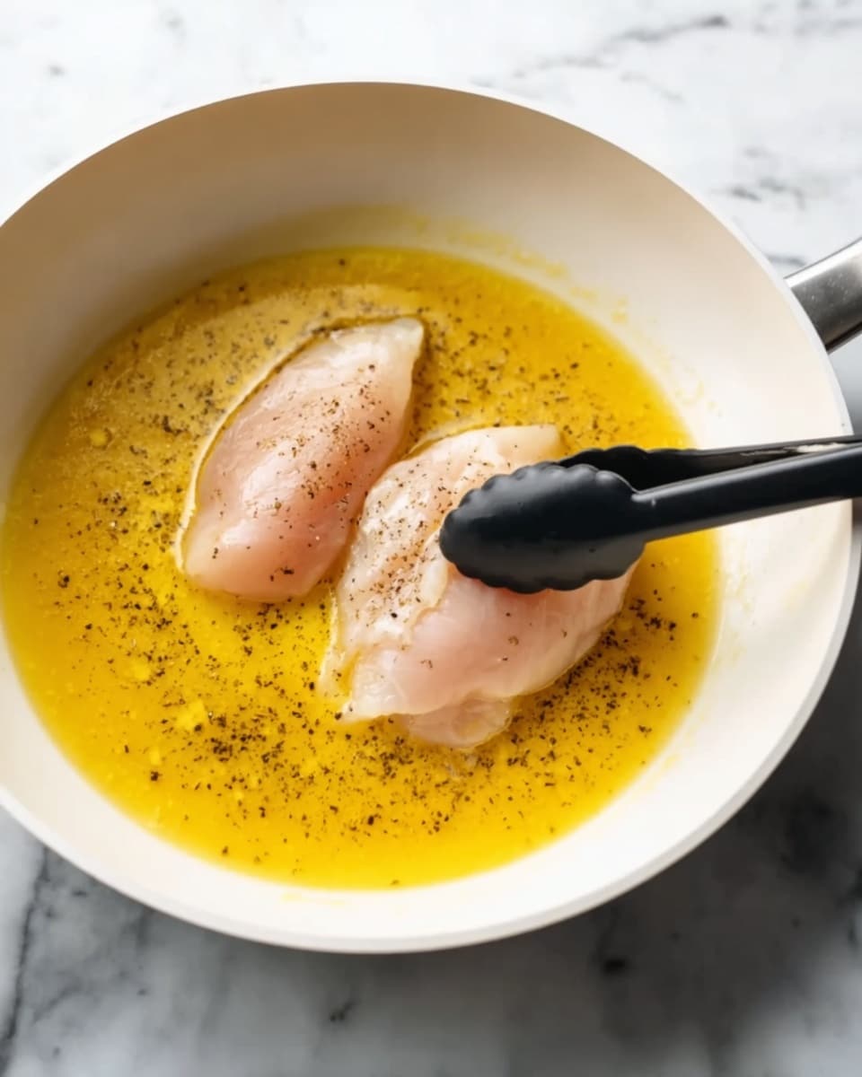 A white pan filled with a bright yellow liquid, likely butter or oil, with visible black seasoning floating on the surface. Two pieces of light pink chicken are being held just above the liquid by a pair of black tongs positioned on the right side of the pan. The background is a white marbled surface, giving a clean and fresh look to the image photo taken with an iphone --ar 4:5 --v 7