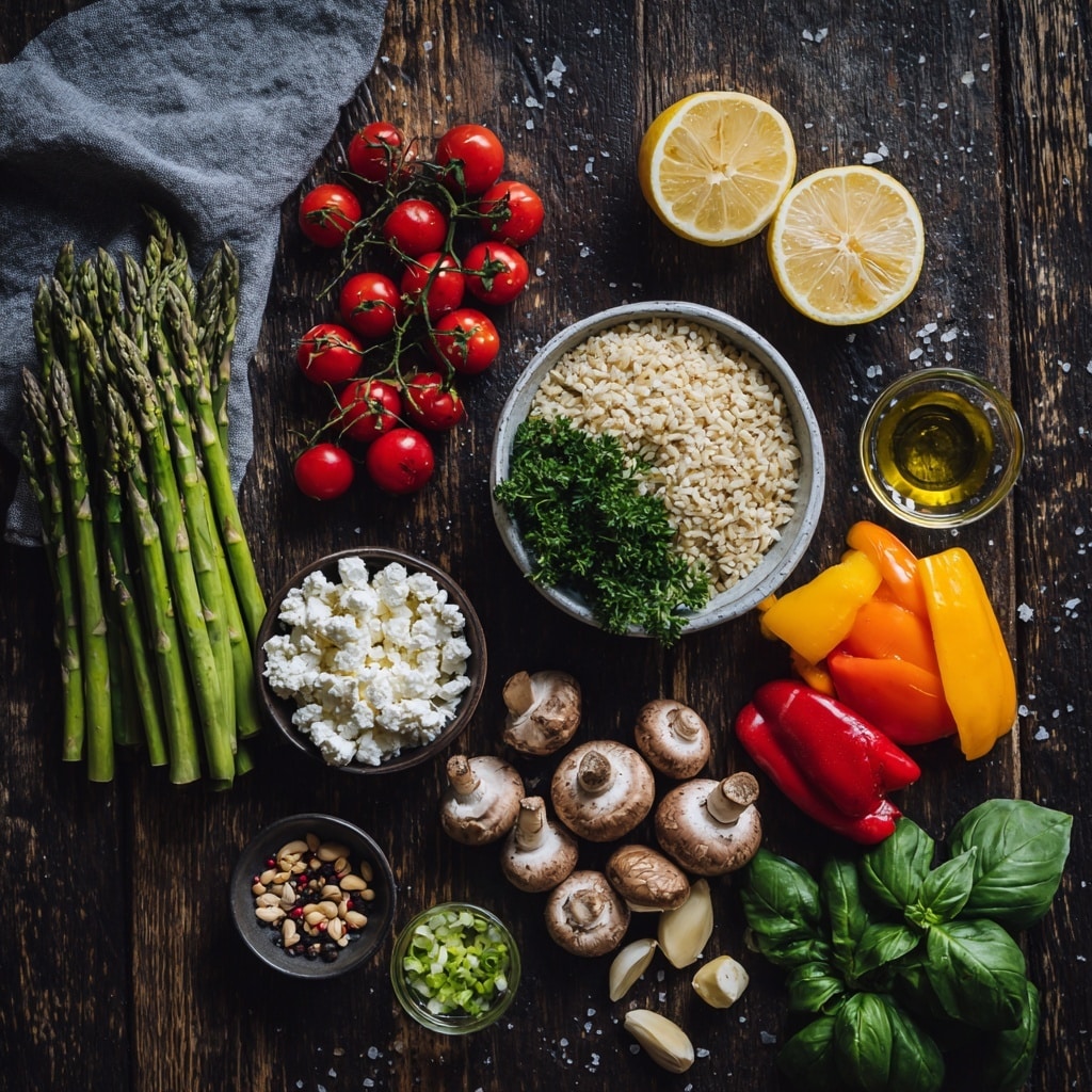 The image shows fresh ingredients neatly arranged on a dark wooden surface with a white marbled texture underneath. On the left side, a bunch of green asparagus lies on a gray cloth next to two clusters of red cherry tomatoes still on the vine. Near the bottom, there is a small glass bowl filled with crumbled white cheese. Above, two lemon halves with bright yellow skin rest side by side. In the center, a white bowl holds uncooked light beige rice topped with fresh green parsley. Moving to the right, small colorful mini bell peppers in red, orange, and yellow are scattered next to a glass bowl full of light brown pine nuts. Below that, clusters of small mushrooms sit next to garlic cloves and a small shallot. Nearby, a small bowl of chopped green onions, a bowl with yellow olive oil, and a bowl with salt and pepper are aligned. Fresh green basil leaves rest at the bottom right corner. Photo taken with an iphone --ar 4:5 --v 7