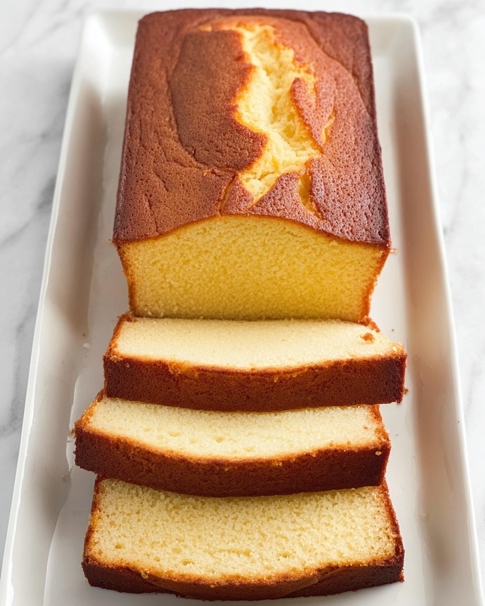 A loaf of pound cake with a golden brown crust on top and sides sits on a white rectangular plate, placed on a white marbled surface. The cake is sliced into four pieces, showing a dense, light yellow inside with a soft and smooth texture. The top crust is slightly cracked, giving a rustic feel. The slices are arranged neatly and slightly overlapping each other below the main loaf. Photo taken with an iphone --ar 4:5 --v 7