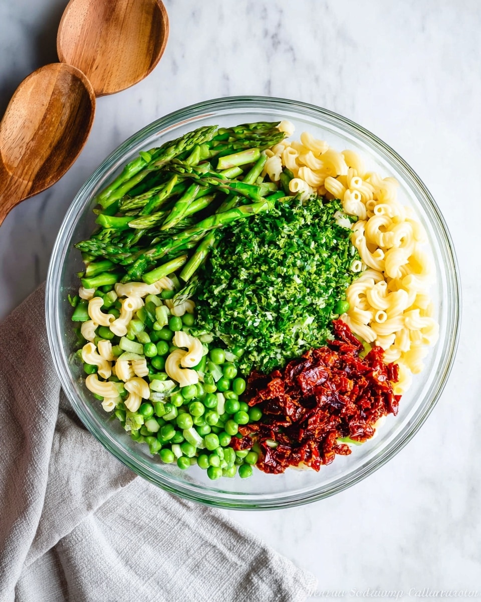 A clear glass bowl holds a colorful salad arranged in four distinct sections: the bottom right contains pale yellow elbow macaroni pasta, direct above is a dense pile of finely chopped bright green herbs, the upper left is filled with fresh asparagus pieces and green peas, and the bottom left features a small heap of finely chopped sun-dried tomatoes with a deep red hue. The bowl sits on a white marbled surface next to a wooden spoon and a light gray cloth, with a woman's hand holding the edge of the bowl on the left side. photo taken with an iphone --ar 4:5 --v 7