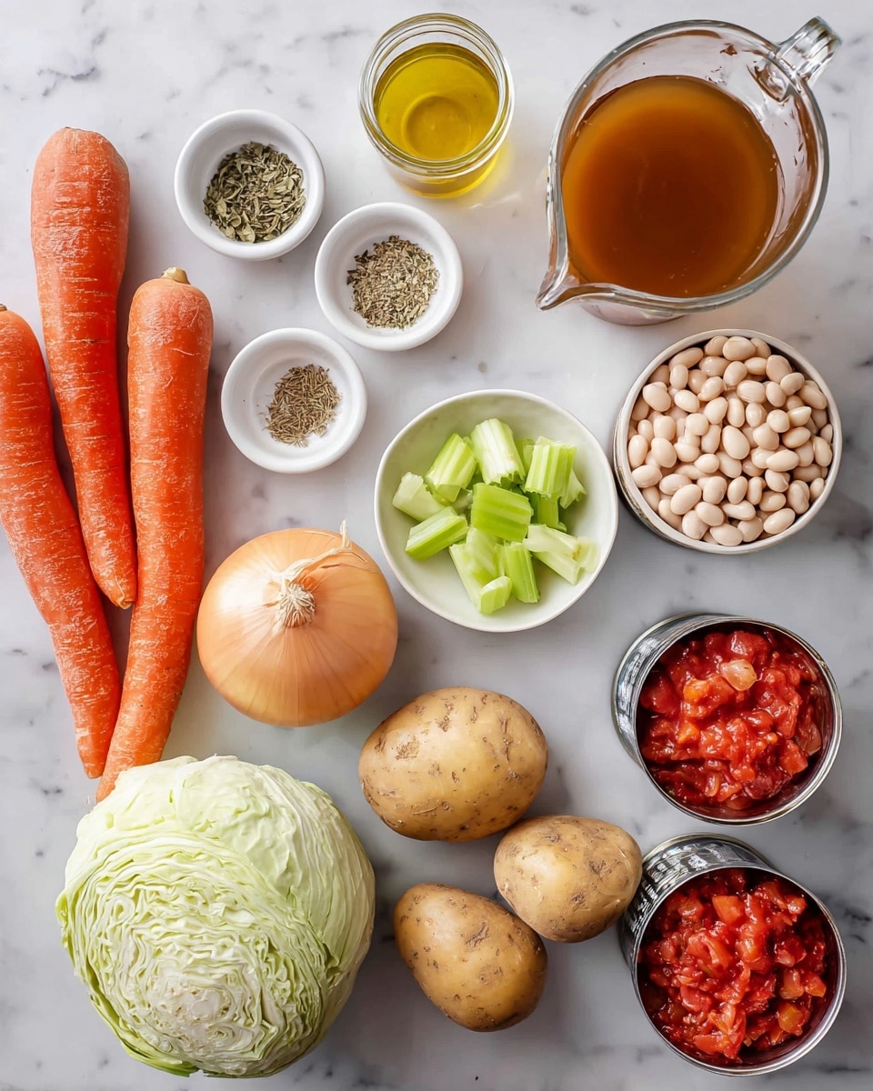 The image shows several fresh ingredients arranged neatly on a white marbled surface. There are two long orange carrots on the left, next to small white bowls of dried herbs and vinegar. Near the center, a whole light brown onion and a small bowl of light green celery slices are placed. To the right of the onion, a small light green cabbage head sits beside three small white garlic cloves. Further right, there are two light brown potatoes and two open cans of diced red tomatoes. Above everything, a small glass jar with golden olive oil, a bowl of white navy beans, and a glass pitcher filled with brown broth complete the scene. photo taken with an iphone --ar 4:5 --v 7