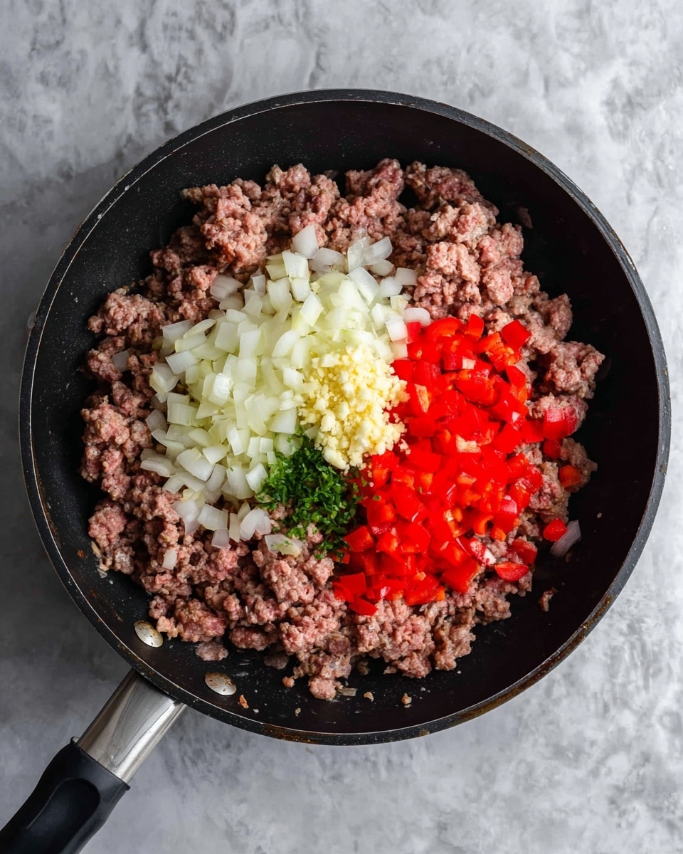 A black frying pan filled with partially cooked ground meat that is brown and pink in color. On top in the center, there are three layers: a pile of white chopped onions, bright red chopped peppers in front of the onions, and a small mound of finely chopped garlic in the middle of the onions and peppers. The pan is on a white marbled surface. Photo taken with an iphone --ar 4:5 --v 7