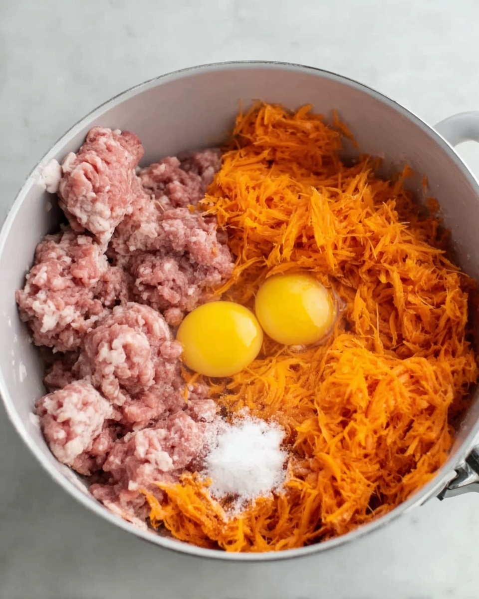 A white mixing bowl filled with four layers of ingredients: on the left and bottom are chunks of raw pink ground meat, on the right is a large heap of shredded bright orange carrots, and in the center near the bottom are two whole yellow egg yolks sitting on a small pile of white salt. The bowl is placed on a white marbled surface, and there is a spoon handle visible on the right side of the bowl. Photo taken with an iphone --ar 4:5 --v 7