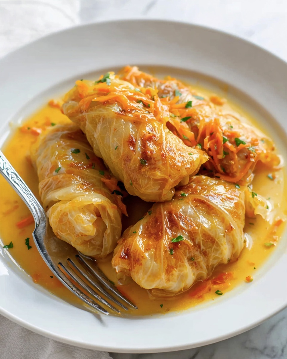 Three rolled stuffed cabbage pieces with a golden-brown color are stacked center on a white plate. They are covered and surrounded by a light orange sauce with small bits of shredded carrot and herbs visible. A silver fork rests partly under the cabbage on the left side of the plate. The background is a white marbled surface. photo taken with an iphone --ar 4:5 --v 7